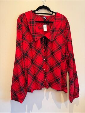 Women's Red Plaid Button-Up Top with Bow Collar